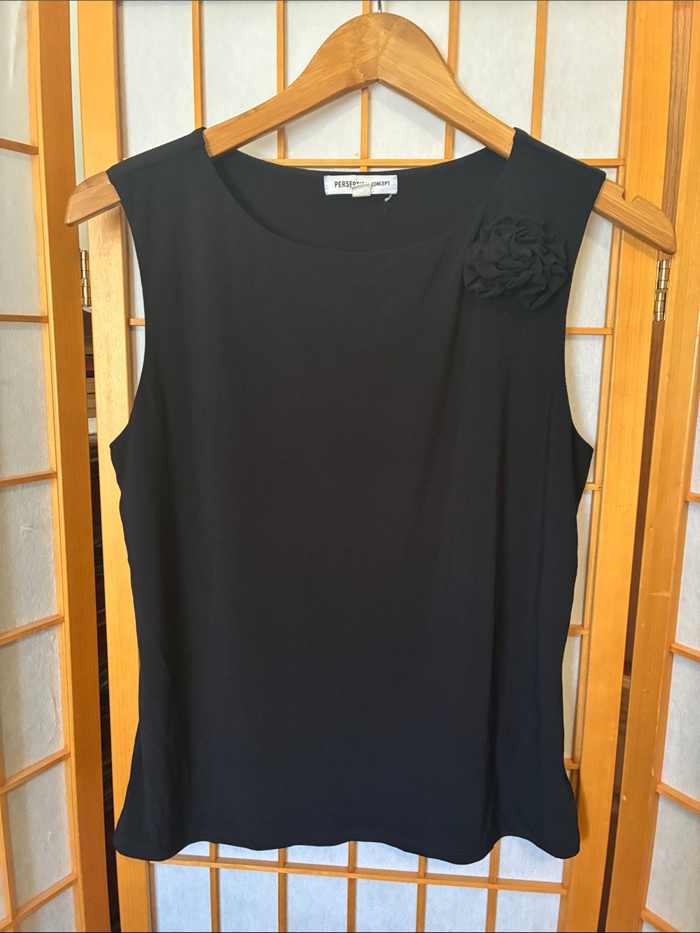 Perseption Concept Black Sleeveless Top with Floral Rosette